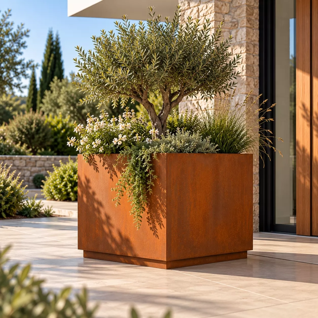 jardinière en acier corten – sur mesure – avec socle