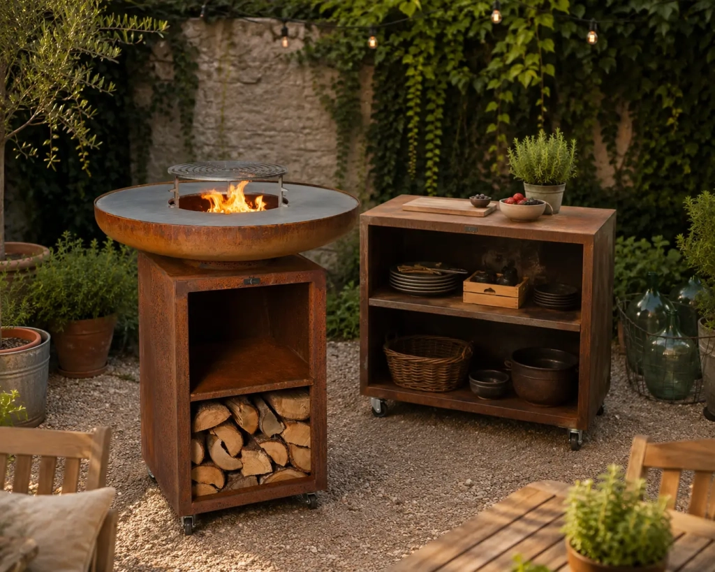 desserte pour brasero corten