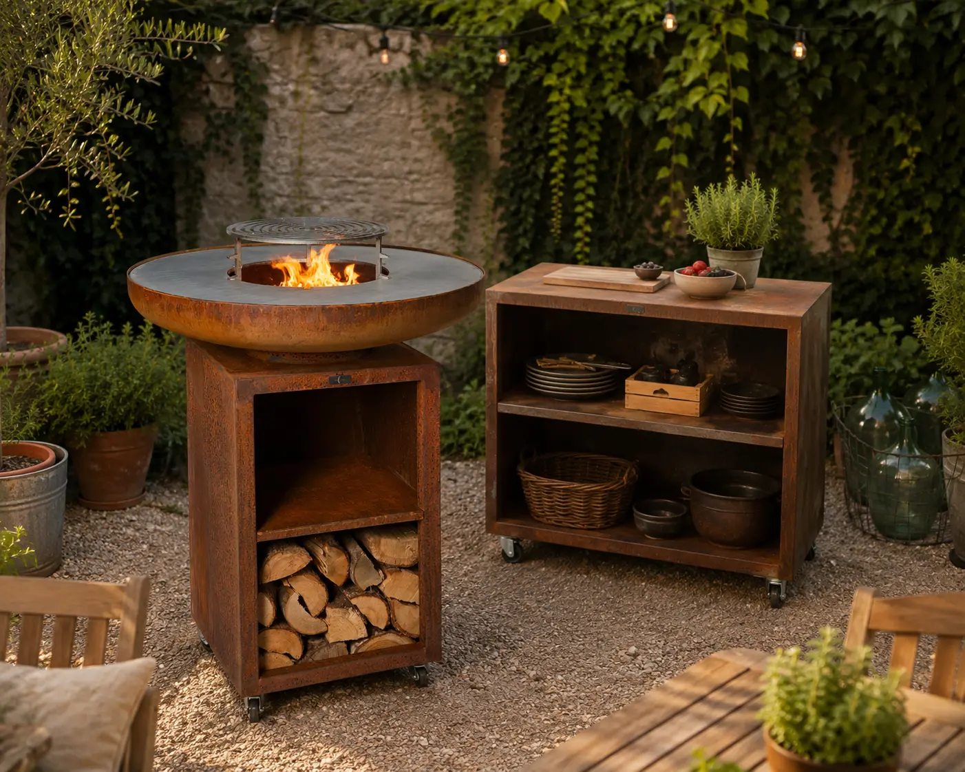 desserte pour brasero corten