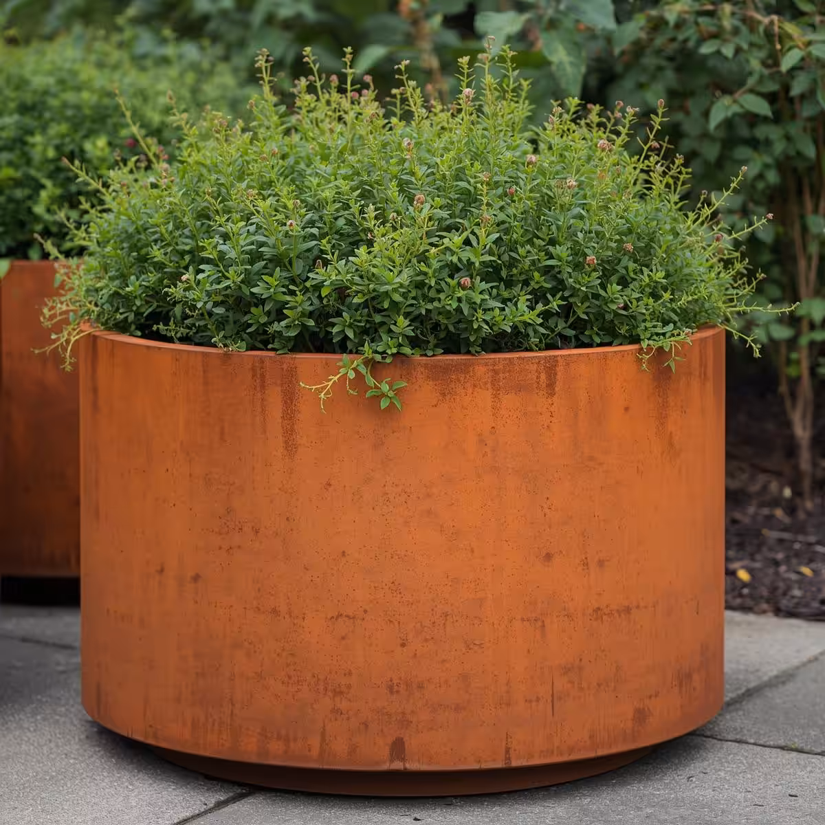 jardinière ronde en acier corten sur mesure avec socle
