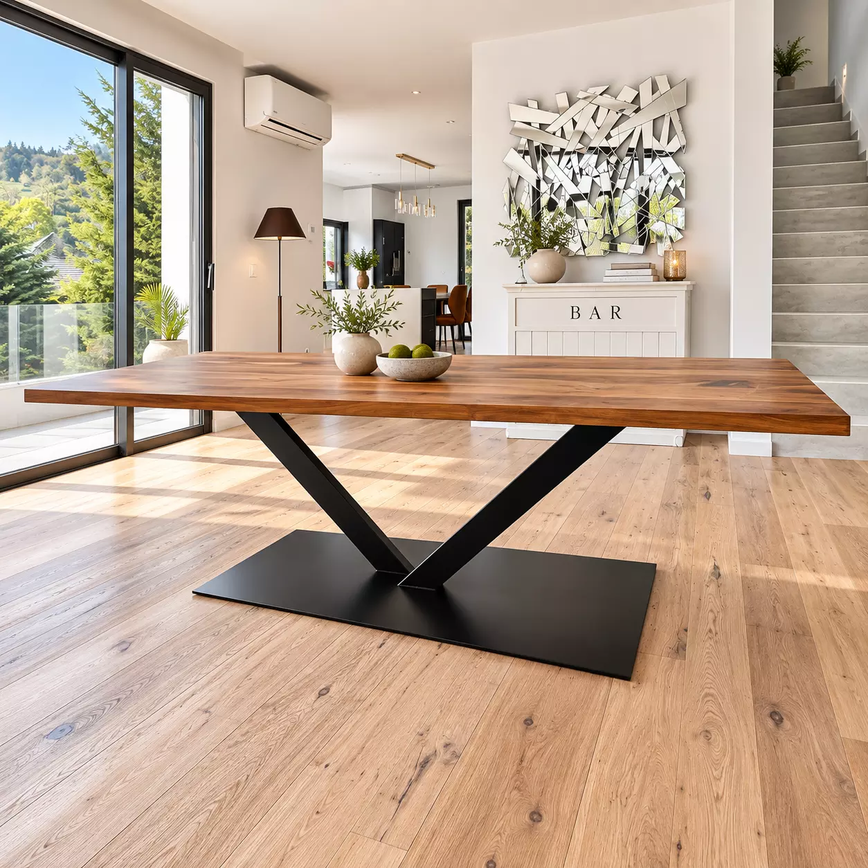 pied central v pour table de repas