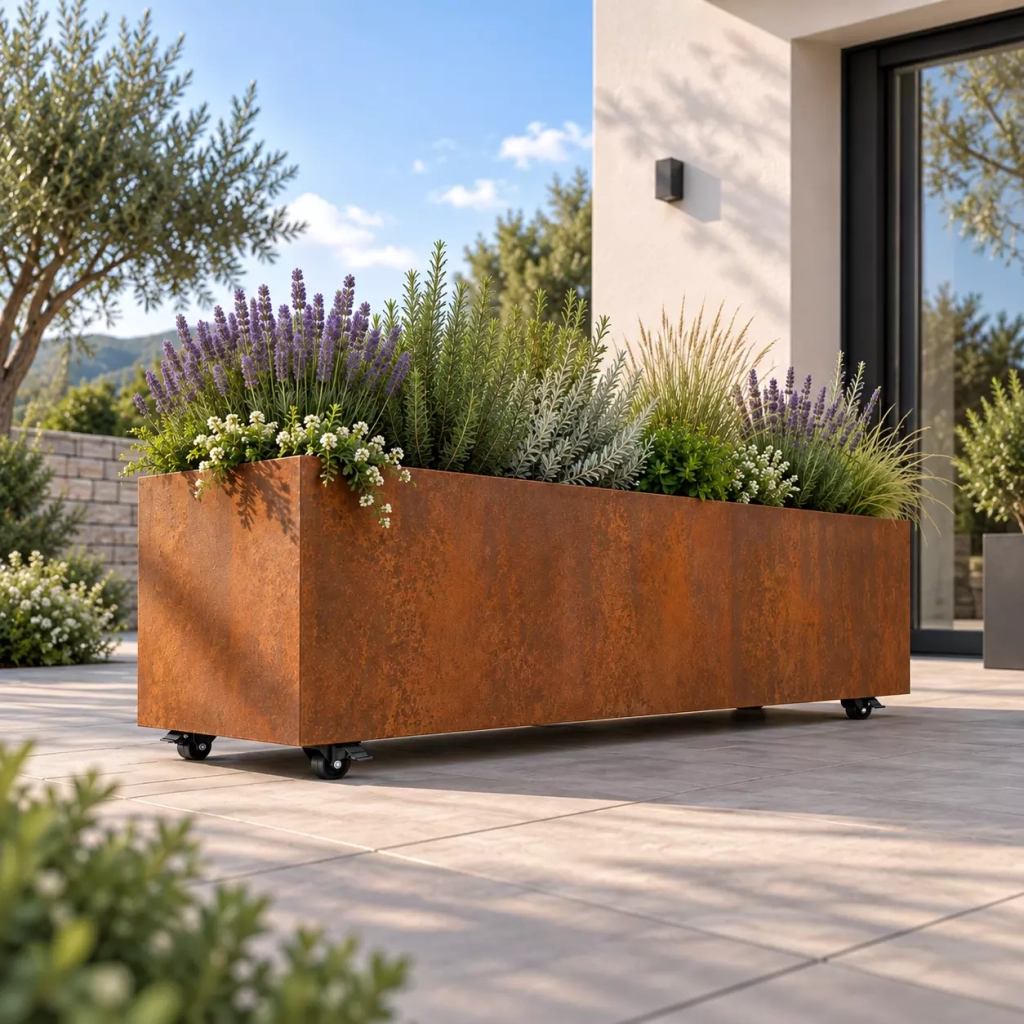 jardinière en acier corten avec roulettes – sur mesure